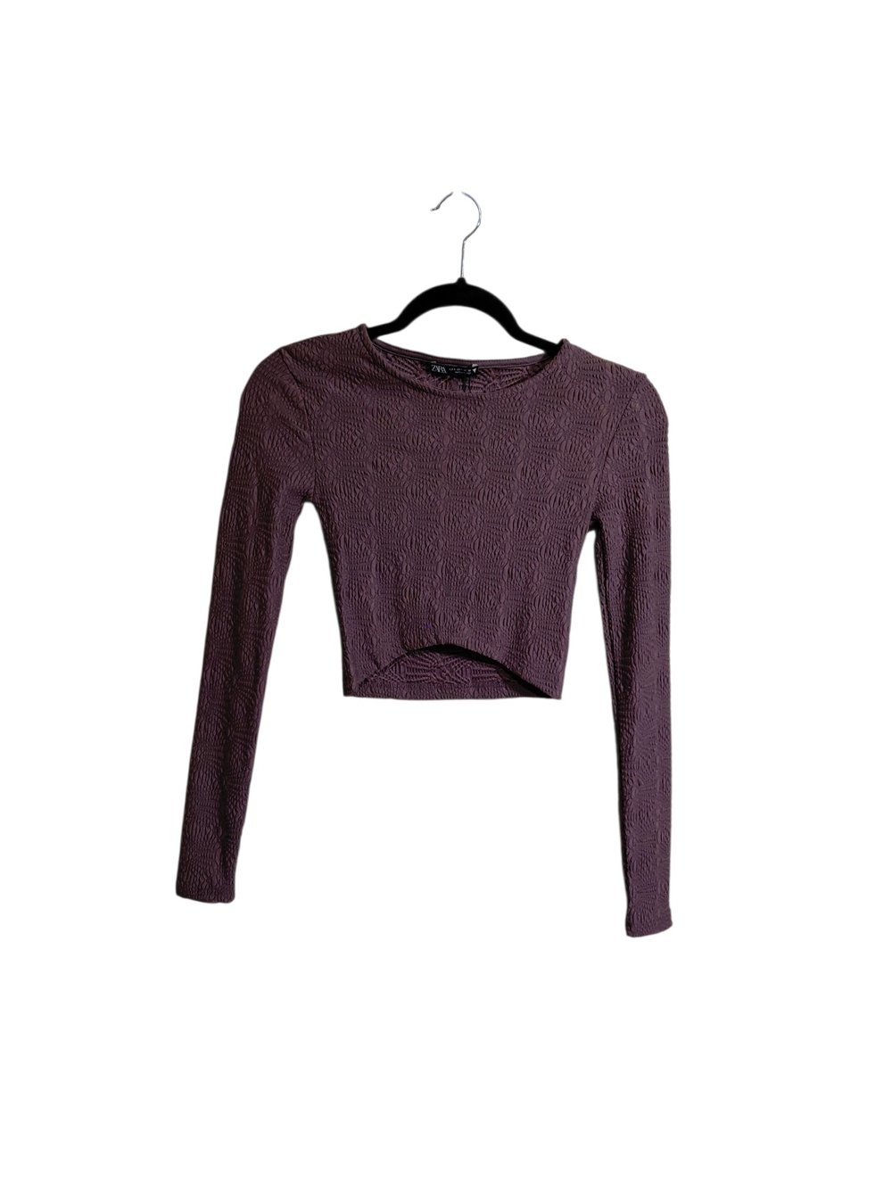Zara Deep Brown Textured Long-Sleeve Crop Top